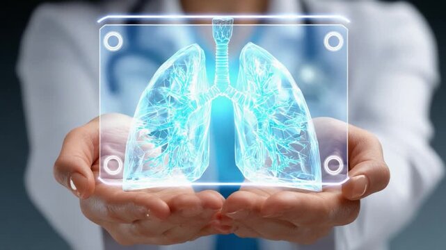 Medical Innovation: Digital lungs projected over a pair of hands, symbolizing the fusion of medicine and technology, representing progress in healthcare and the exploration of the human body.
