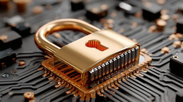 Digital Fortress: An intricately designed lock resting upon a cutting-edge computer chip, symbolizing data security in the digital era.