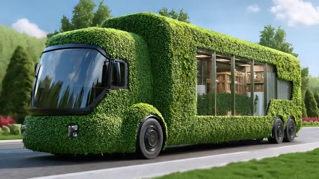 Eco-Friendly Green Bus: A unique bus blends seamlessly with nature, cloaked in vibrant green foliage, embodying sustainable transport amidst a backdrop of serene natural landscapes.