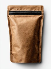 Brown paper pouch with black zipper on white background