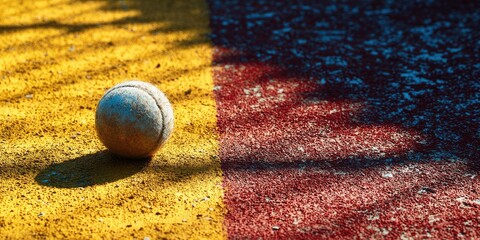Tennis ball on yellow/red court, casting shadow