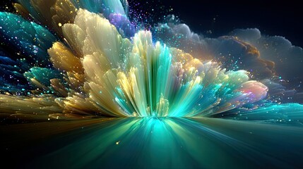 An abstract, vibrant fractal explosion of light and color emanates from a central point, with glowing particles scattered across a dark background. The scene ev
