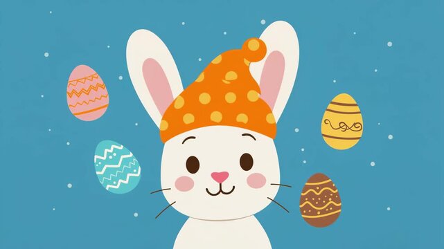 Cute Cartoon Easter Bunny Wearing Orange Hat Surrounded by Decorated Eggs
