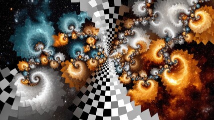 An abstract digital artwork featuring intricate fractal spirals in vibrant blue, orange, and white hues, set against a backdrop of a cosmic nebula and a black a
