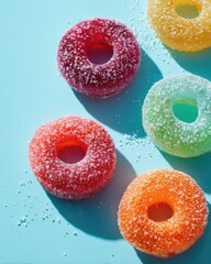 Colorful, sugared gummy rings on light blue backdrop