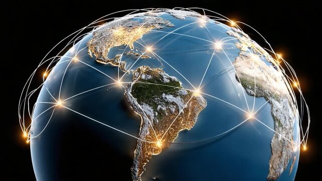 Global Network: Earth, illuminated with intricate lines representing a vast network. This conceptual representation embodies connectivity and communication across the globe. 