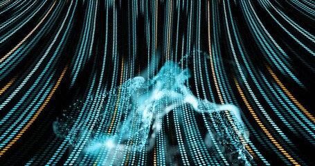 Bottom emitter sending cyan plume, rising curling into ribbons over dotted curtain for texture - Powered by Adobe