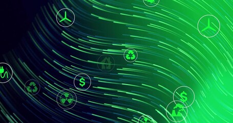 Left streaks starting sweep, green energy icons drifting right, pulsing, brightening, showing shift - Powered by Adobe