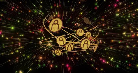 Camera zooming, lights racing, globe rotating, gold nodes shifting, lines pulsing, visualizing data - Powered by Adobe