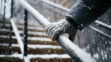 Gloved Hand on Snowy Staircase Railing in Winter