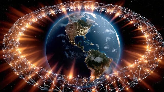 Global Network: The Earth is encircled by a dazzling web of interconnected nodes, symbolizing the power of worldwide connection and information transfer.