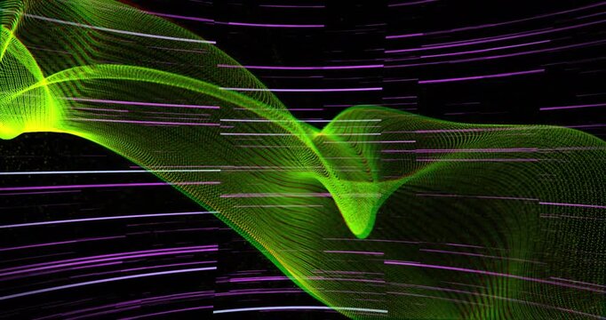 Neon-green ribbon emerging and undulating diagonally, purple streaks sweeping, showing energy flow