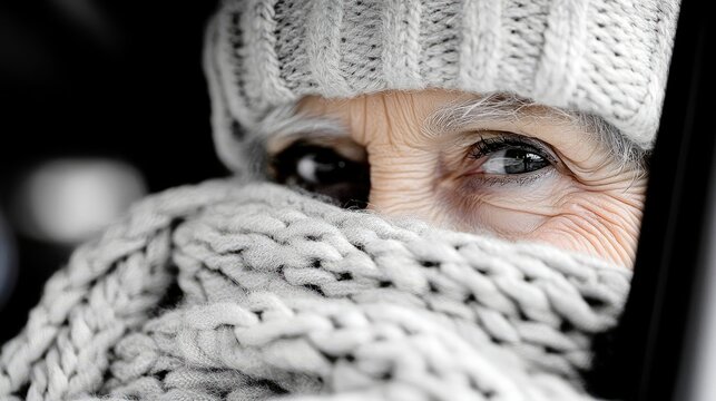 Close-up of an elderly woman's eye and face, partially covered by a thick knitted scarf and hat. She appears to be looking out, perhaps from inside a vehicle, w - Powered by Adobe