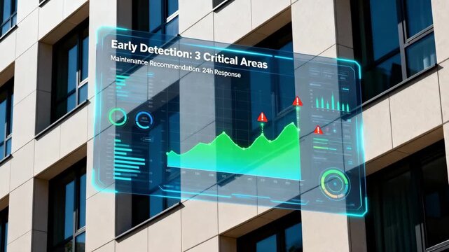 Medium shot featuring predictive analytics interface overlaid on a building facade illustrating proactive management and early detection of potential facade issues.