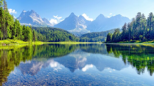 A tranquil mountain lake reflects the surrounding lush green forest and majestic snow-capped peaks under a bright, clear blue sky. The water is crystal clear, r