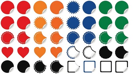 Set of colorful round, starburst, heart, square, and scalloped edge stickers with curled corners, red, orange, blue, green, black and white - 152