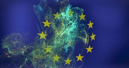 Particle cloud appearing behind ring of twelve yellow stars, swirling upward, revealing emblem - Powered by Adobe