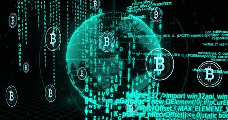 teal dotted-globe powering, scanning and spawning Bitcoin glyphs orbiting, showing network flow - Powered by Adobe