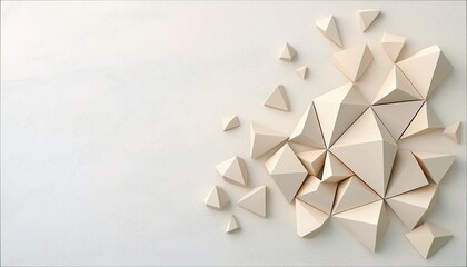 A cluster of cream-colored geometric shapes, resembling fragmented pyramids and polygons, arranged on a plain white surface. The shapes are intricately connecte