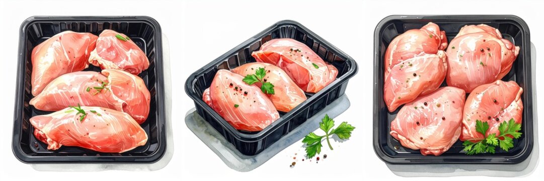 Three black trays filled with raw unseasoned chicken portions and garnished with parsley sprigs watercolor illustration illustration isolated on white background