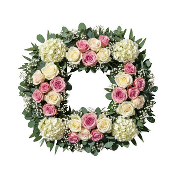 Elegant floral wreath with roses and hydrangeas isolated on transparent background