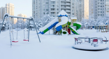 Empty playground covered in fresh white snow during winter with tall residential buildings in the background. Frozen city scene with nobody.