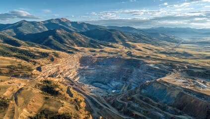 Massive open-pit mine amid mountains under cloudy sky
