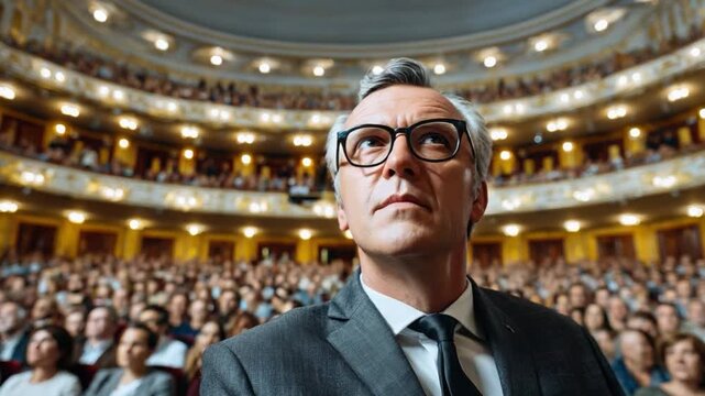 Anticipation in the Auditorium: A man, elegantly dressed and framed by an audience, gazes upwards with a look of hopeful expectation.