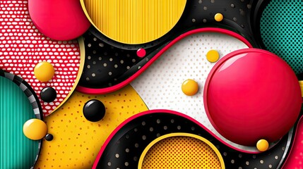 An abstract composition featuring overlapping geometric shapes in bold colors like red, yellow, and teal, with various textures and a dynamic, layered effect.