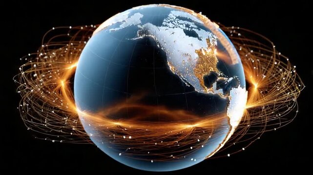 Global Network: An artistic depiction of the Earth, encircled by a radiant network of interconnected lines, symbolizing global communication and technological advancement, all against a dark backdrop.