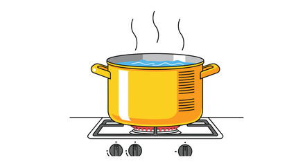 Yellow pot of boiling water steaming on a gas stove, representing cooking, food preparation, and kitchen activities.