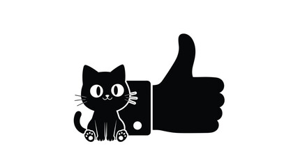 Adorable black cat sitting cutely on a giant thumbs-up hand, symbolizing approval, liking, social media, and positive feedback.