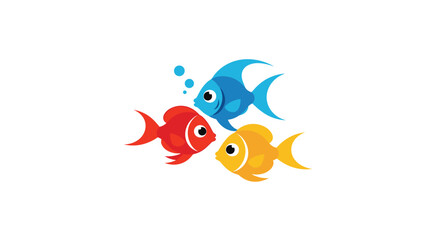 Three vibrant and friendly cartoon fish, in red, yellow, and blue, swimming playfully, symbolizing aquatic life and harmony.