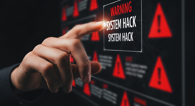 Hand pointing at a warning system hack message displayed on a dark screen with red alert symbols