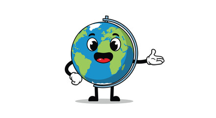 Cheerful cartoon globe mascot with a friendly smile and welcoming gesture, symbolizing global connection, education, and travel.