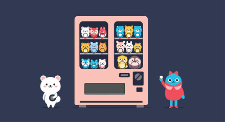 Adorable cartoon characters standing in front of a toy vending machine filled with plushies, conveying fun, play, and childhood joy.
