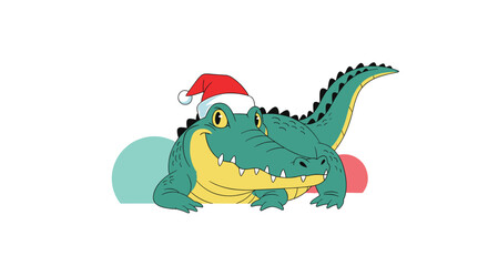 Happy cartoon crocodile wearing a festive Santa hat and smiling, embodying a cheerful and fun Christmas spirit.