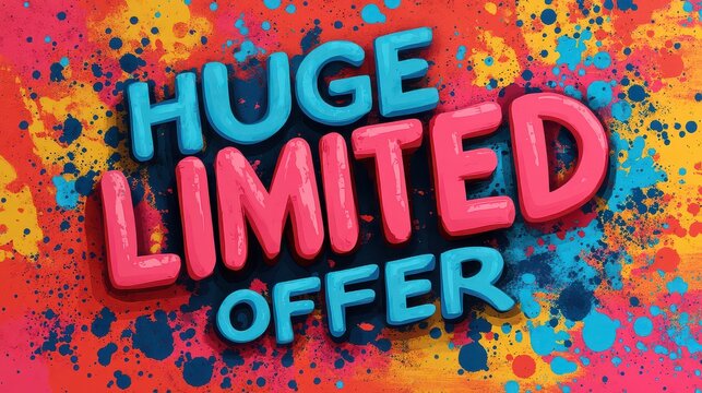 Colorful "Huge Limited Offer" text on a vibrant paint splatter background.