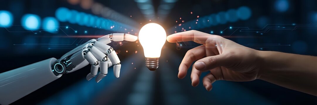Robot Hand and Human Hand Reaching for a Glowing Light Bulb - Powered by Adobe