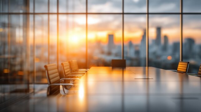Modern conference room interior with a large table and chairs overlooking a blurred city skyline at sunset