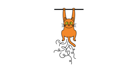 Humorous orange cat hanging from a bar and shedding lots of fur, comically depicting pet care and shedding season.