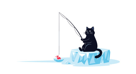Playful black cat ice fishing on a block of ice, patiently waiting for a catch, symbolizing a unique winter hobby.