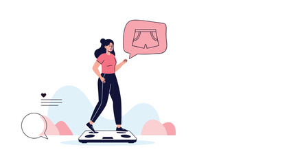Woman standing on a weight scale and thinking about wearing shorts, symbolizing weight loss goals, fitness, and body image.