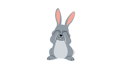 Adorable gray rabbit covering its eyes with its paws, playfully depicting shyness, peek-a-boo, or surprise.