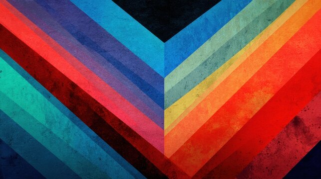 Abstract grunge pattern featuring diagonal colorful stripes meeting in a central chevron shape on textured paper