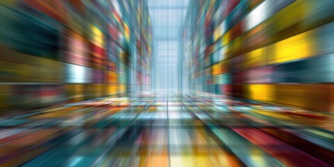 Dynamic visual abstraction featuring a fast perspective through a glowing corridor of multicolored rectangular tiles