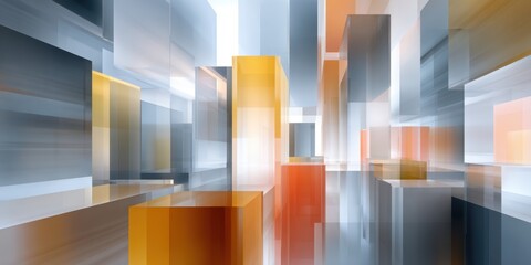 Modern 3D graphic visualization showing transparent geometric cuboids and planes in an architectural setting