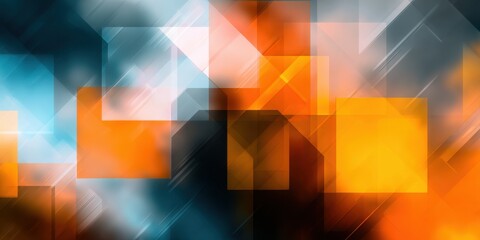 Abstract geometric design with vibrant orange deep blue and white transparent overlapping squares