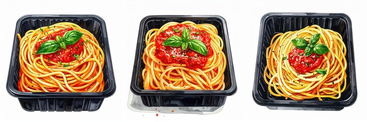 Three black containers filled with spaghetti tomato sauce and basil leaves watercolor illustration pasta isolated on white background