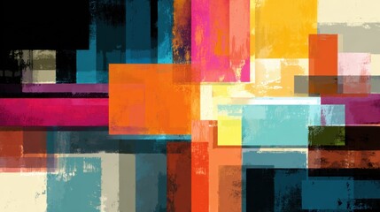 Colorful abstract composition with distressed paint textures and intersecting geometric shapes Bold modern design